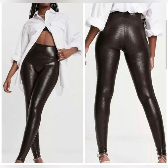 Spanx Vegan Faux Leather Croc Shine Brown High Waisted Leggings Size Small - Picture 1 of 7
